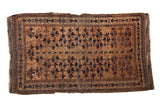 Antique Belouch rug: sand ground, navy and bronze tree of life motif, geometric borders, 2'10