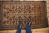 Antique Belouch rug's geometric border with serpent-like motifs and field's stylized leaves.