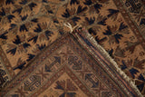Antique Belouch rug pile with sand, navy serrated leaves, besides striped kilim and tattered edge.