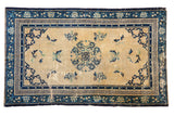 Vintage Peking rug, roundel medallion, cream field, cobalt blue patterns, 4' x 6'6