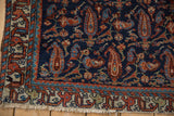 Vintage Mehreban rug corner, geometric ivory and madder red border, tattered fringe, end loss.