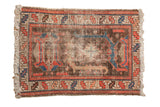 Vintage Hamadan rug mat, sampler style dragon palmette design, tomato red, sky blue, worn pile.