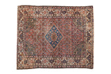 Vintage Malayer rug: sapphire blue diamond medallion, faded brick red Herati field, palmette border, 5x6.