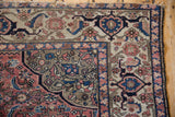 Corner of vintage Malayer rug, showing faded brick red Herati field, blue and beige palmette border.
