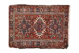 Vintage Karaja rug mat with triple medallion, floral pinwheel, brick red, navy blue, ivory.