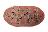Rounded vintage Chinese Nichols Art Deco runner, black dragon-like branches, colorful lotus blossoms, dusty blush.