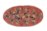 Vintage Nichols Art Deco oval rug, black dragon branches on dusty rose, colorful lotus flowers.