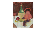 Vintage 1960s still life painting with green bottle, red teapot, colorful fruit, 12x16.
