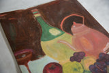 Textured vintage still life painting with green bottle, pink teapot, grapes.