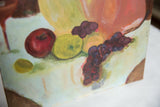 Vintage still life painting detail: textured canvas, vibrant purple grapes, and green fruit.