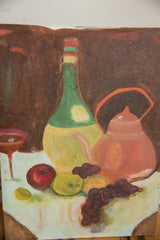 Vintage still life painting detail showing colorful green bottle and peach teapot.