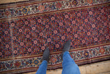Top-down view of the vintage Malayer runner's intricate Herati pattern and turtle design border.