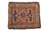 Antique hand-knotted Kazak rug, cherry red field, navy diamond medallion, ram's horn motifs, 3'4