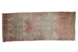 Vintage Distressed Oushak runner, repeating prayer panels, mint green, raspberry, beige tones, 5x12'9.