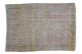 Distressed Overdyed Oushak rug, faded trellis motif in dusty blush and lime green, 5' x 7'1