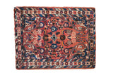 Vintage Borchalou square rug, central floral bouquet, dusty brick red, sapphire blue.