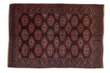 Vintage Turkmen rug, gul medallions rams horn in reddish-blue on dark chocolate field, 5'2