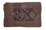 Hand-knotted Vintage Kurdish Hamadan rug, triple medallion, navy, madder red palmettes, visible wear, 4x6.