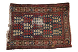 Antique Hamadan rug: navy field, madder red and beige plant lattice, turtle border, visible wear, 3'3