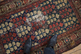 Detail of a traditional Hamadan rug, displaying germinating plant motifs, turtle border, and aged wear.