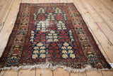 Tattered fringe and madder red turtle motif border of an antique Persian Hamadan rug.