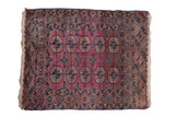 Antique Turkmen hand-knotted rug, abrashed dusty magenta field with repeating navy guls, 3'4