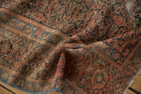 Folded Hamadan carpet with heavily worn herati pattern, exposed foundation, dusty blush and navy.