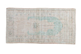 Distressed Oushak rug runner, prayer tree of life motif in cream and ocean green.