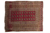 Vintage Anatolian rug, raspberry red Bokhara design, geometric brown borders, patina, 4'5