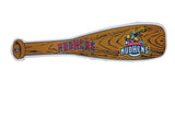 Toledo Mudhens felt pennant shaped like a baseball bat with wood grain and team logo.