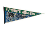 Vintage Plymouth Whalers felt pennant with green and blue graphics featuring the whale mascot and OHL logo.