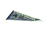 Angled view of the vintage Plymouth Whalers pennant in green, blue, and cream felt.