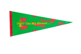 Vintage BSA 'On My Honor' green felt pennant with red lettering and a yellow scout logo.