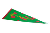 Angled view of the green BSA felt pennant with red letters and yellow 