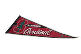 Full length of the red Stanford Cardinals felt pennant viewed from an angle.