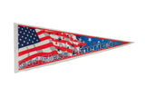 God Bless America felt pennant featuring a waving American flag design in red, white, and blue.