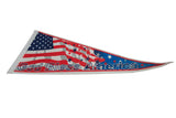 Patriotic felt pennant with mixed star and stripe designs and God Bless America text.