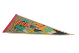 A close-up of the vintage Detroit Vipers pennant's teal snake logo and red stitched spine.