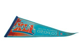 Side profile of the 2007 Super Bowl felt pennant showing its turquoise and orange graphics.