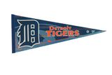 Vintage Detroit Tigers felt pennant flag with classic blue, orange, and white team graphics.