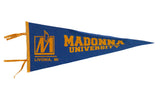 Vintage Madonna University Michigan blue felt pennant with gold lettering, M logo, and trim.