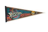 Detroit Pistons vintage felt flag pennant with the 2000s horse logo and flame graphics in teal and red.