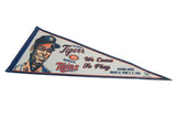 Detailed illustration of a smiling Tigers player and the blue stitched felt border.