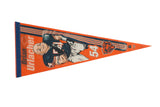 Vintage Brian Urlacher Chicago Bears felt flag pennant in orange and navy with player graphic.