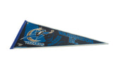 A close-up of the blue fabric binding and printed logos on the vintage Wizards pennant.