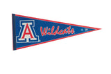 Arizona Wildcats felt pennant in blue with a red border, A logo, and script lettering.