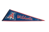 The red script lettering and logo on a vintage blue Arizona Wildcats felt pennant.