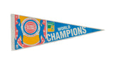 Detroit Pistons World Champions vintage felt pennant with classic red, blue, and yellow graphics.
