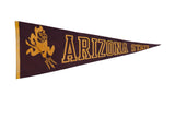 Vintage Arizona State felt pennant, brown with gold devil mascot and text, 12x30 inches.