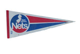 Vintage New Jersey Nets felt flag pennant with red, white, and blue logo and stripes.